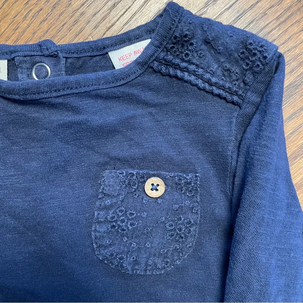Zara Baby Girl Long Sleeve Navy Tee with Pocket 6-9 months